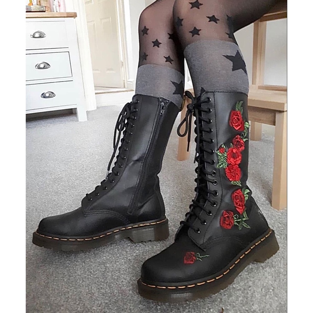 Dr. Martens Black Lace Up Boots with Red Rose Embroidery